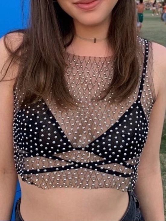 Hot & Delicious Tops - Hot & Delicious Black Beaded Mesh Crop Tank